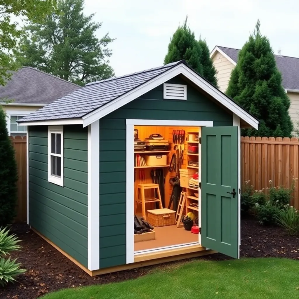Neat 8x10 green gable storage shed with white trim door open showing organized tools inside