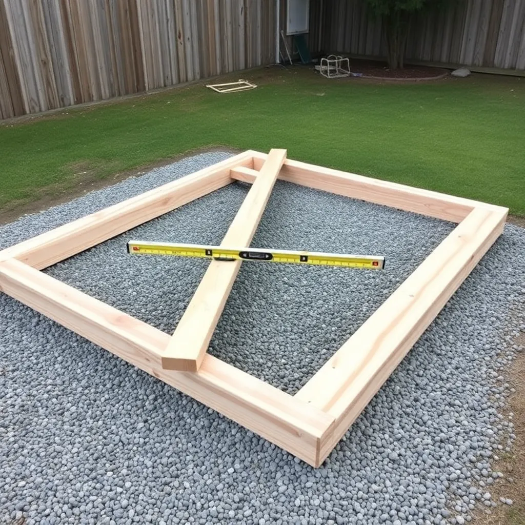 Three pressure-treated skids being leveled on compacted gravel with level spanning all three for 8x10 shed