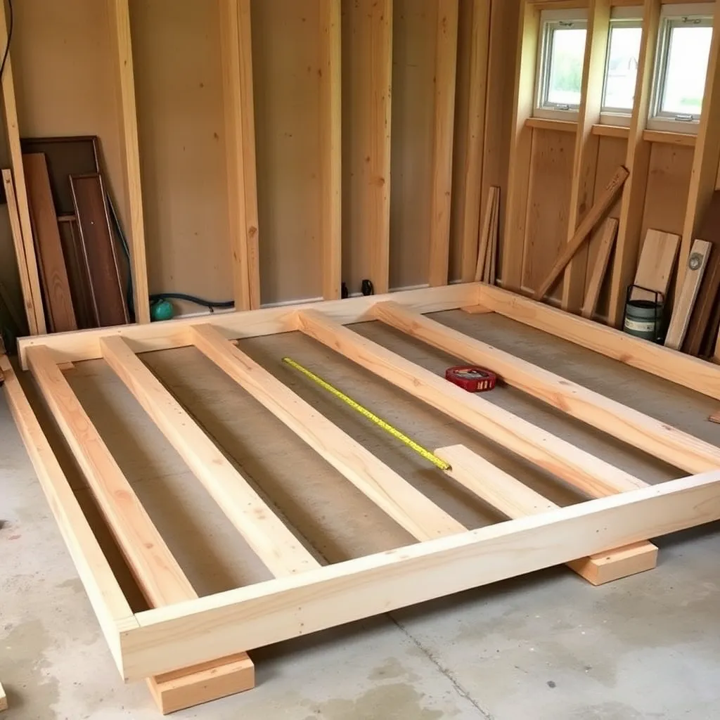 2x6 floor frame for 8x10 shed with joists on 16-inch centers being squared by diagonal measurement
