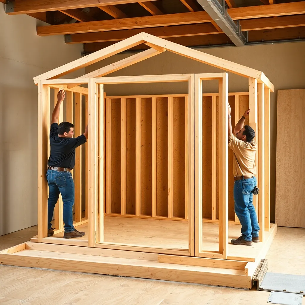 8x10 shed wall frame being tipped upright with door opening framed and double top plate visible