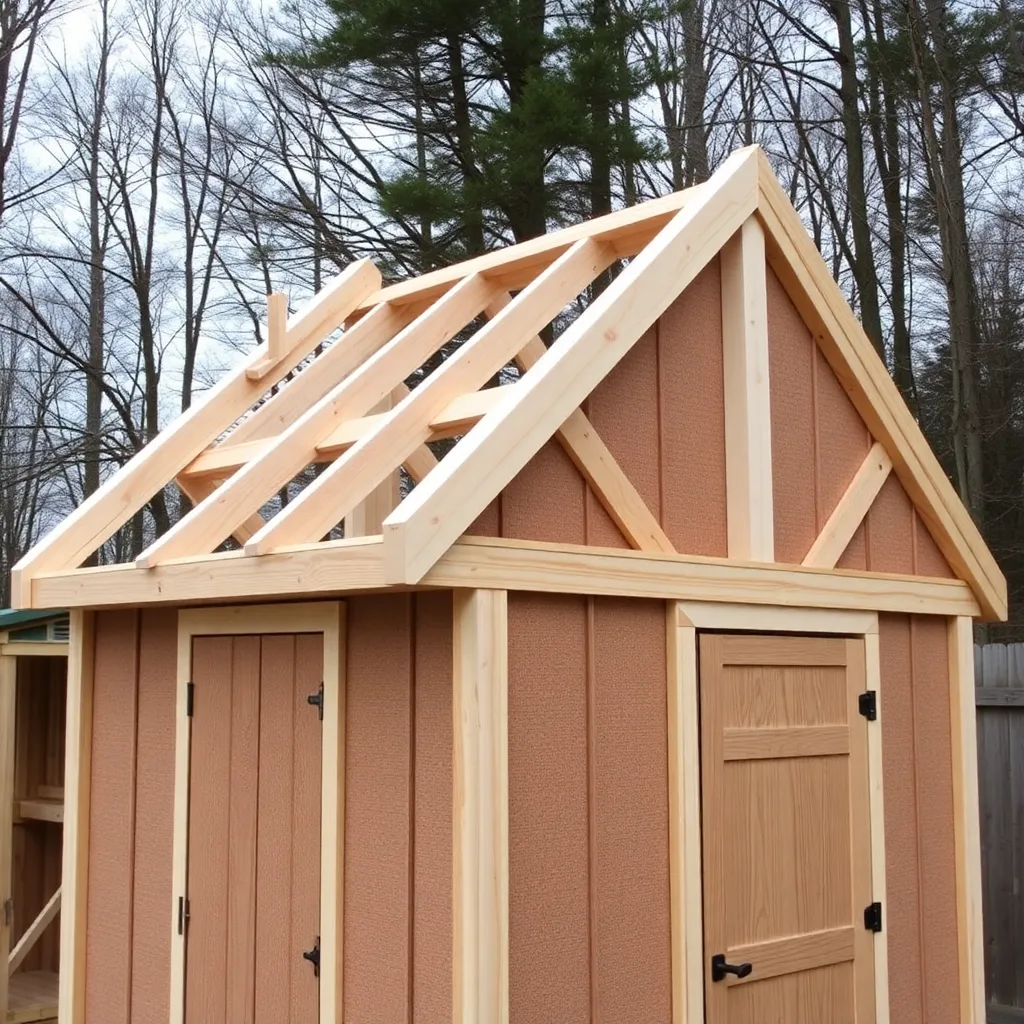 4/12 gable roof being framed on 8x10 shed with ridge board and rafters going up in pairs