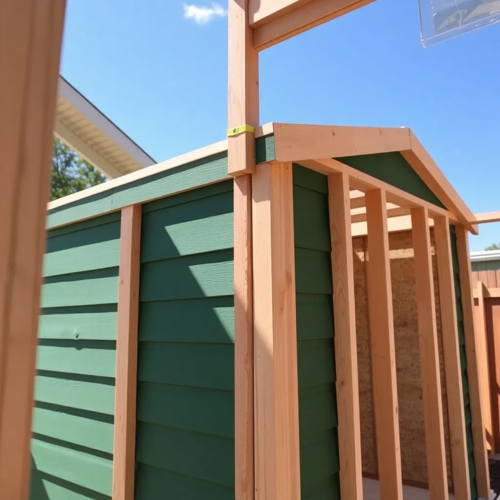 T1-11 green siding being nailed to 8x10 shed walls with corner boards and OSB roof visible