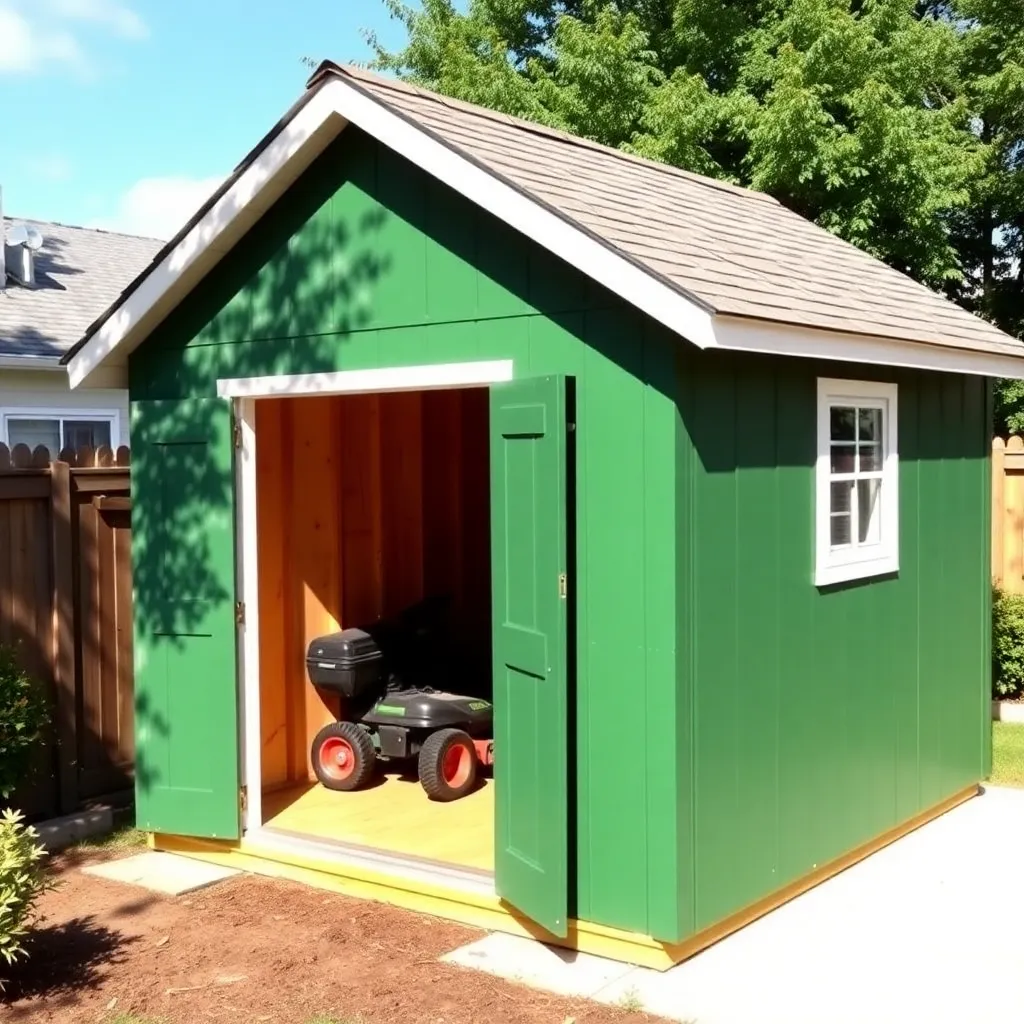 Completed green 8x10 storage shed with white trim asphalt shingles and riding mower inside