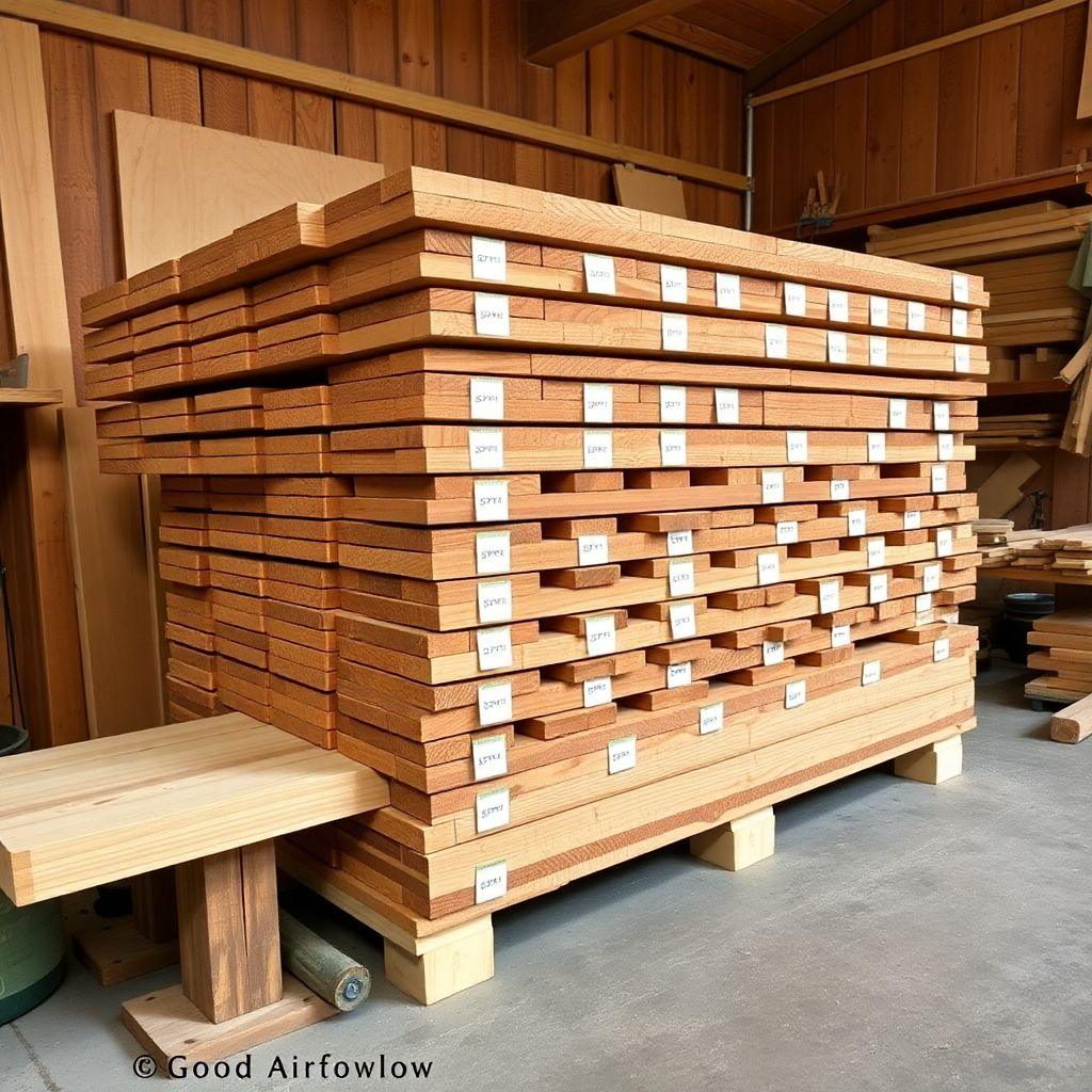 Properly stickered lumber stack with dry hardwood spacers and even airflow to prevent wood warping in storage
