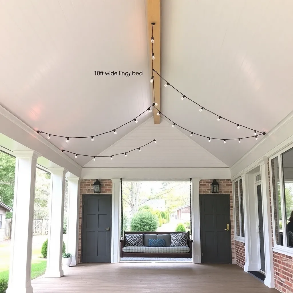 Large covered porch with wide ceiling beam and string lights showing space for porch swing bed installation