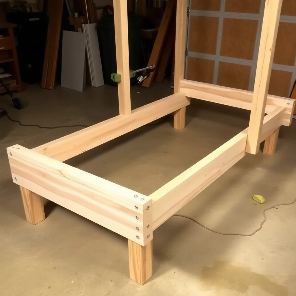 2x6 cedar porch swing bed frame being assembled with corner cleats and clamps on garage floor