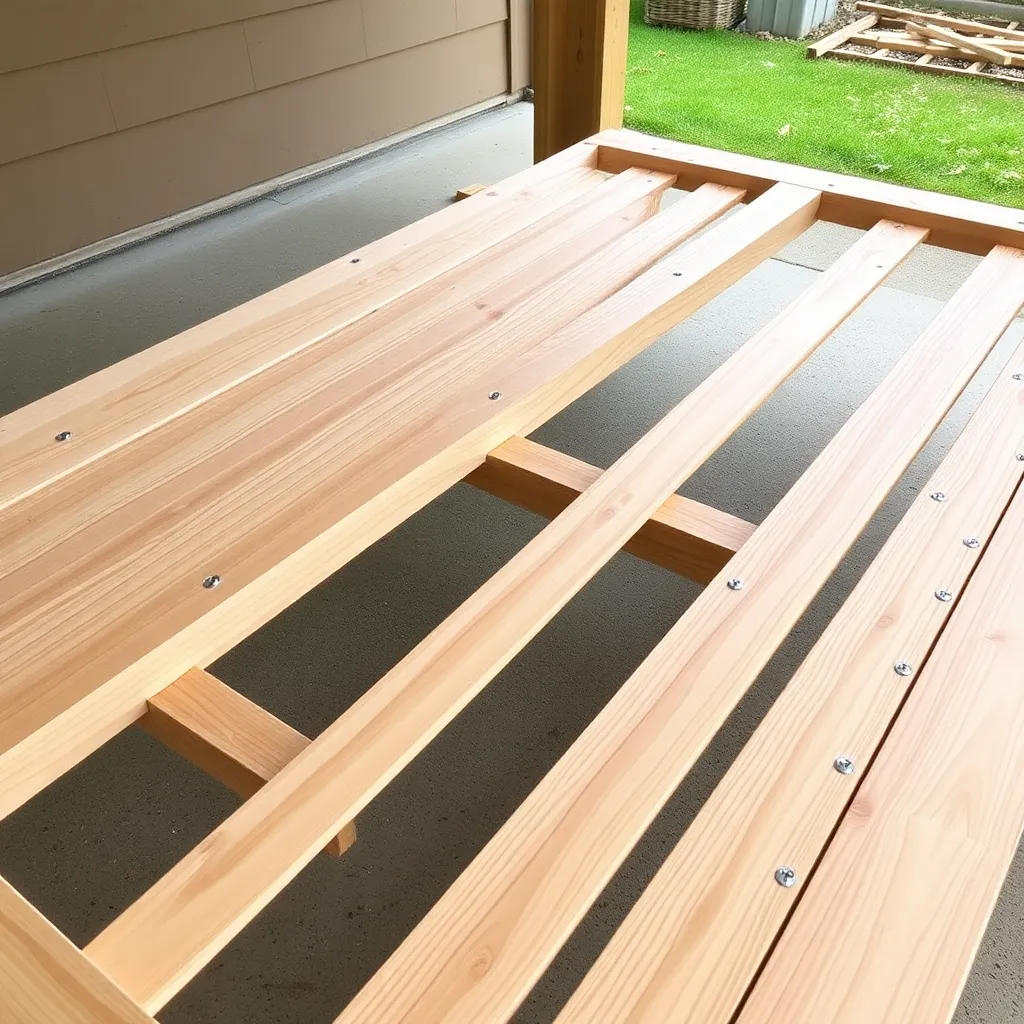 1x6 cedar slats being evenly spaced and fastened across large porch swing bed platform frame