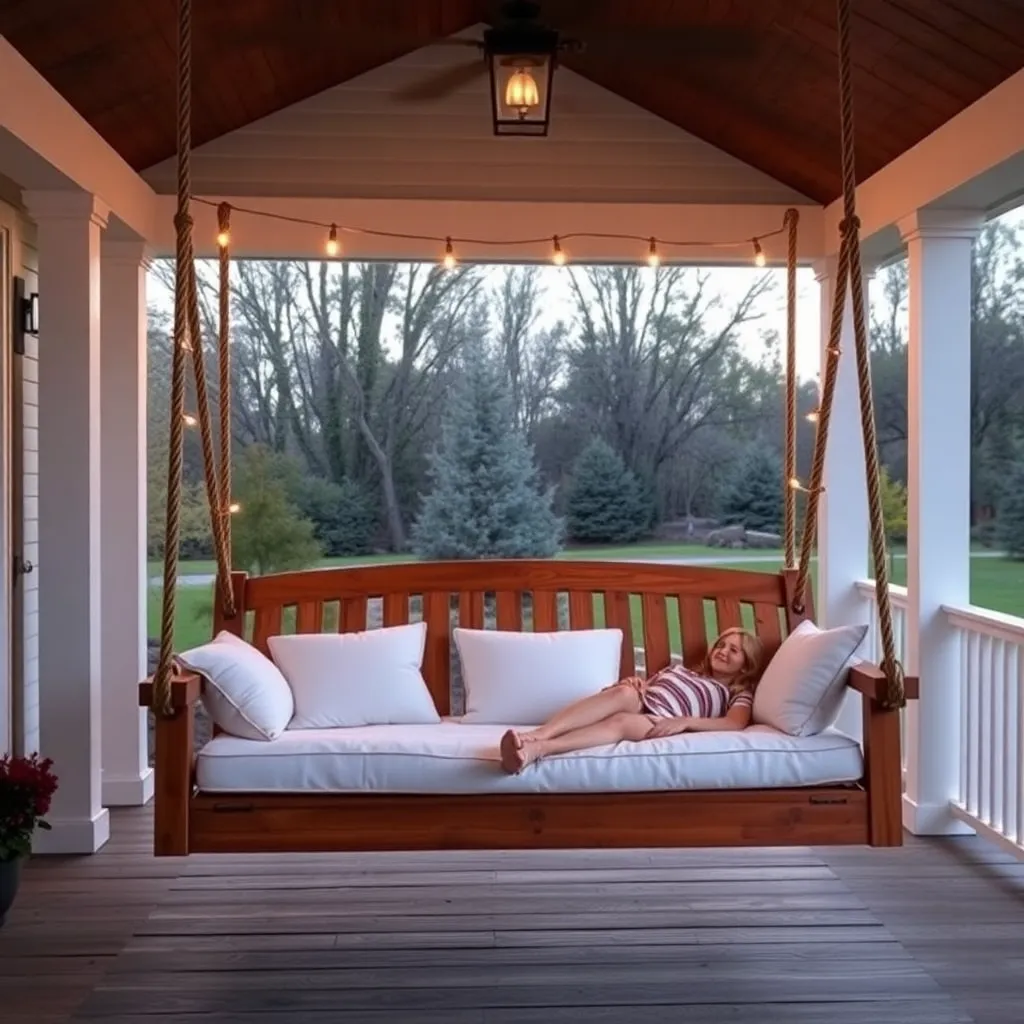 Finished cedar porch swing bed hanging from covered porch ceiling with white cushions and person reclining
