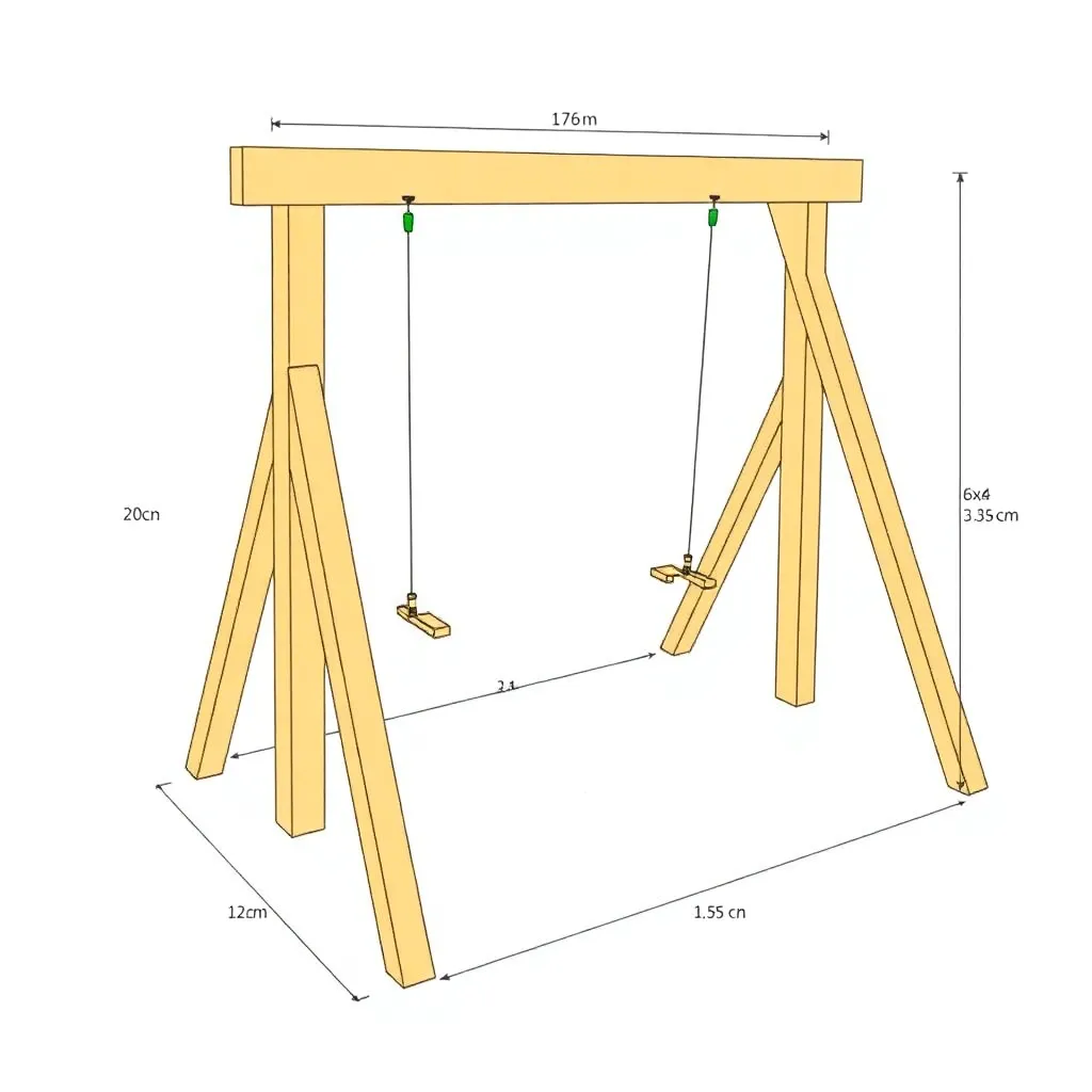 A-frame swing stand geometry diagram showing 4x4 posts at 15-degree angle with labeled dimensions