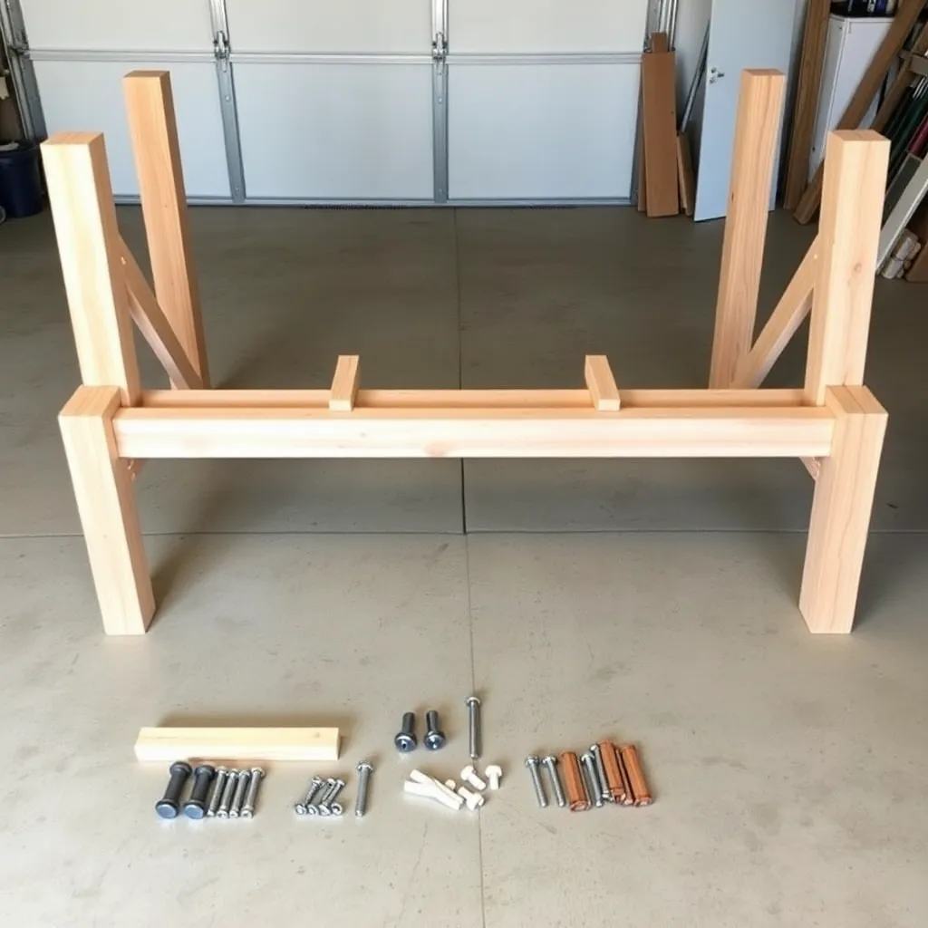 4x4 cedar posts 4x6 beam cross braces and hardware laid out for building a porch swing stand