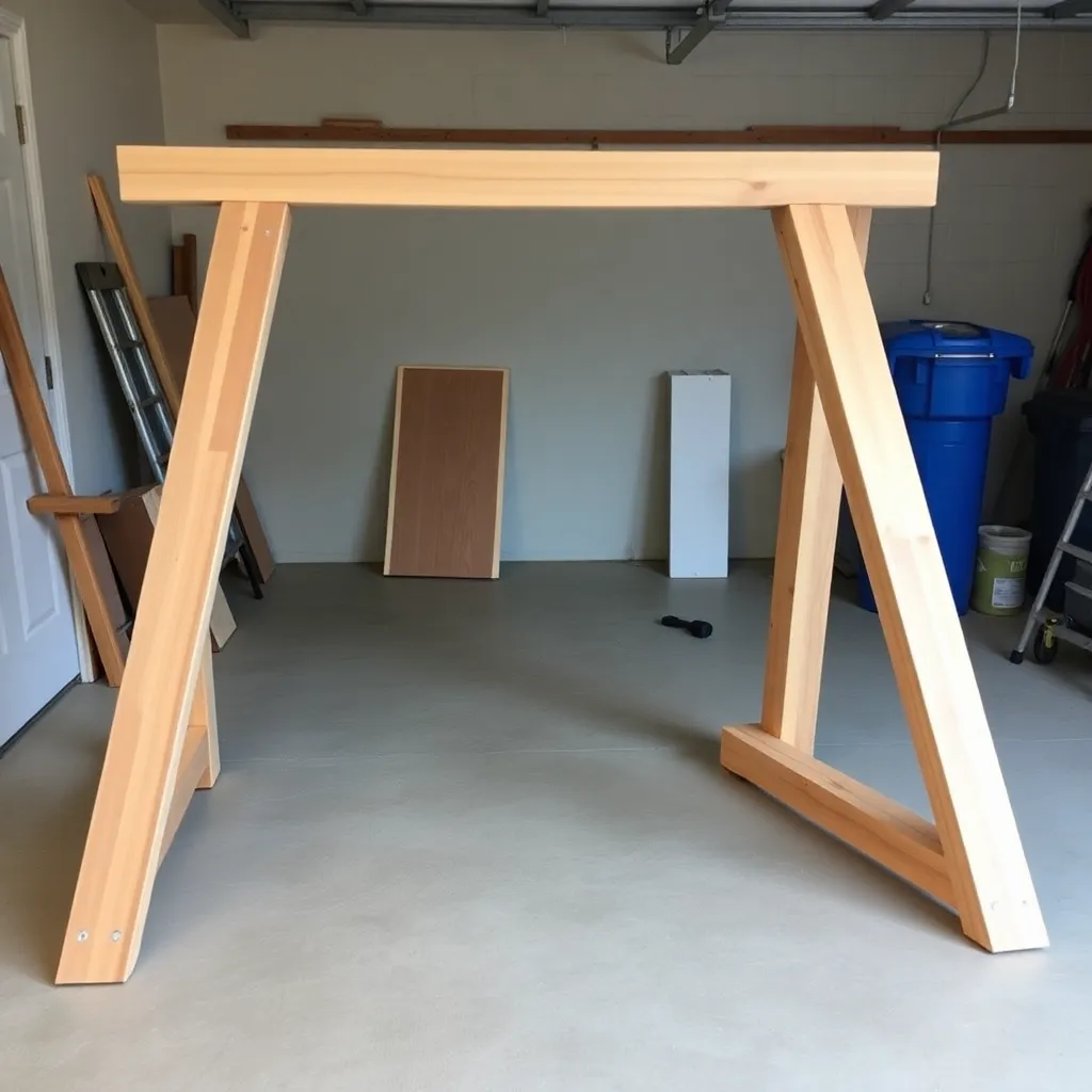 Two A-frame end assemblies with paired 4x4 cedar posts and apex gusset plates being built
