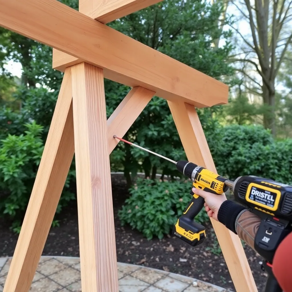 Diagonal 2x4 brace being screwed from A-frame post to top beam underside for lateral stability
