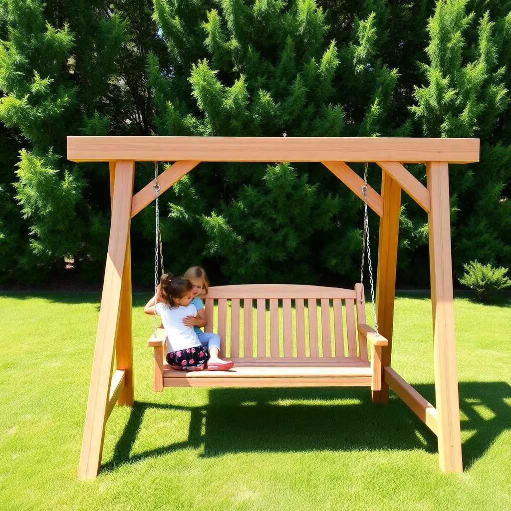 Completed cedar A-frame porch swing stand in sunny backyard with classic swing and family enjoying