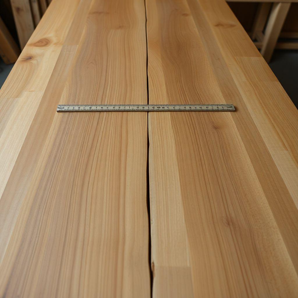 Cupped wooden tabletop warped after finishing only one face, gap visible under straightedge