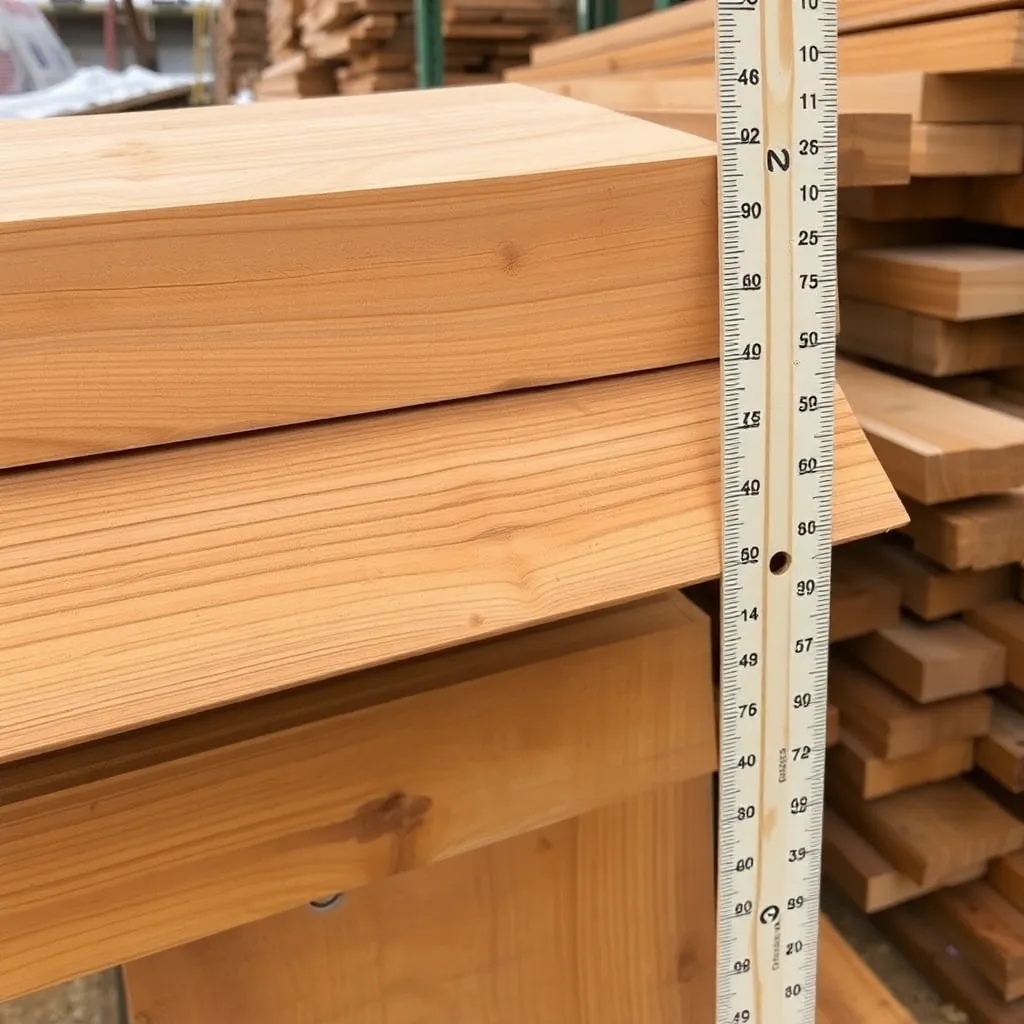 Grade A teak lumber boards with golden-brown heartwood at lumber yard with board foot ruler