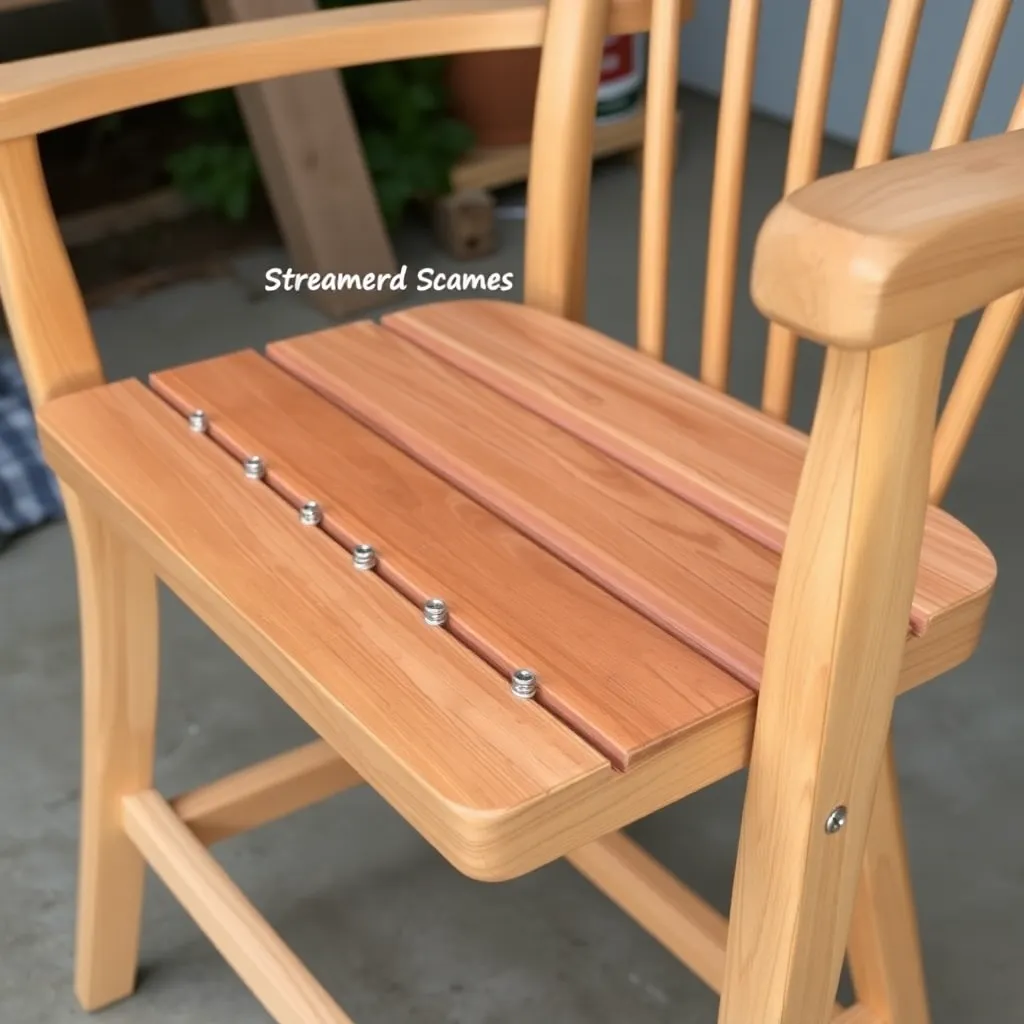 Teak seat slats being attached to steamer chair frame with even gaps and stainless steel screws