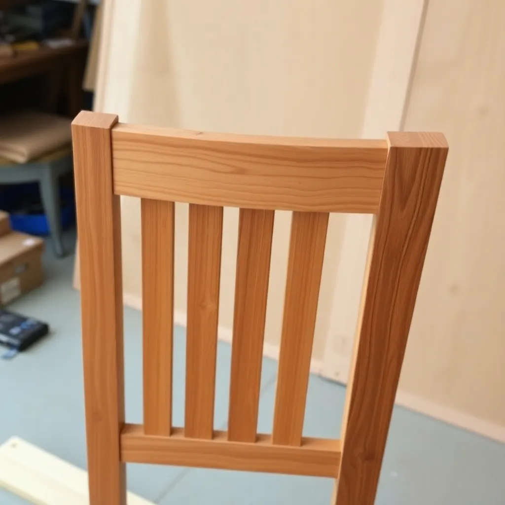 Teak back slats being installed on angled back posts of steamer chair with even quarter-inch gaps