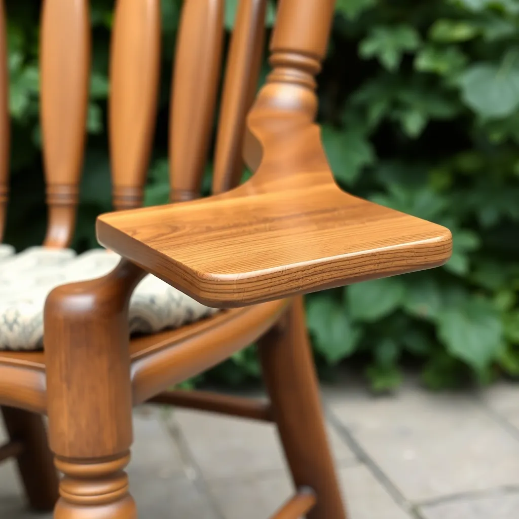 Tapered teak arm being attached to steamer chair leg showing classic Lutyens style wide arm design