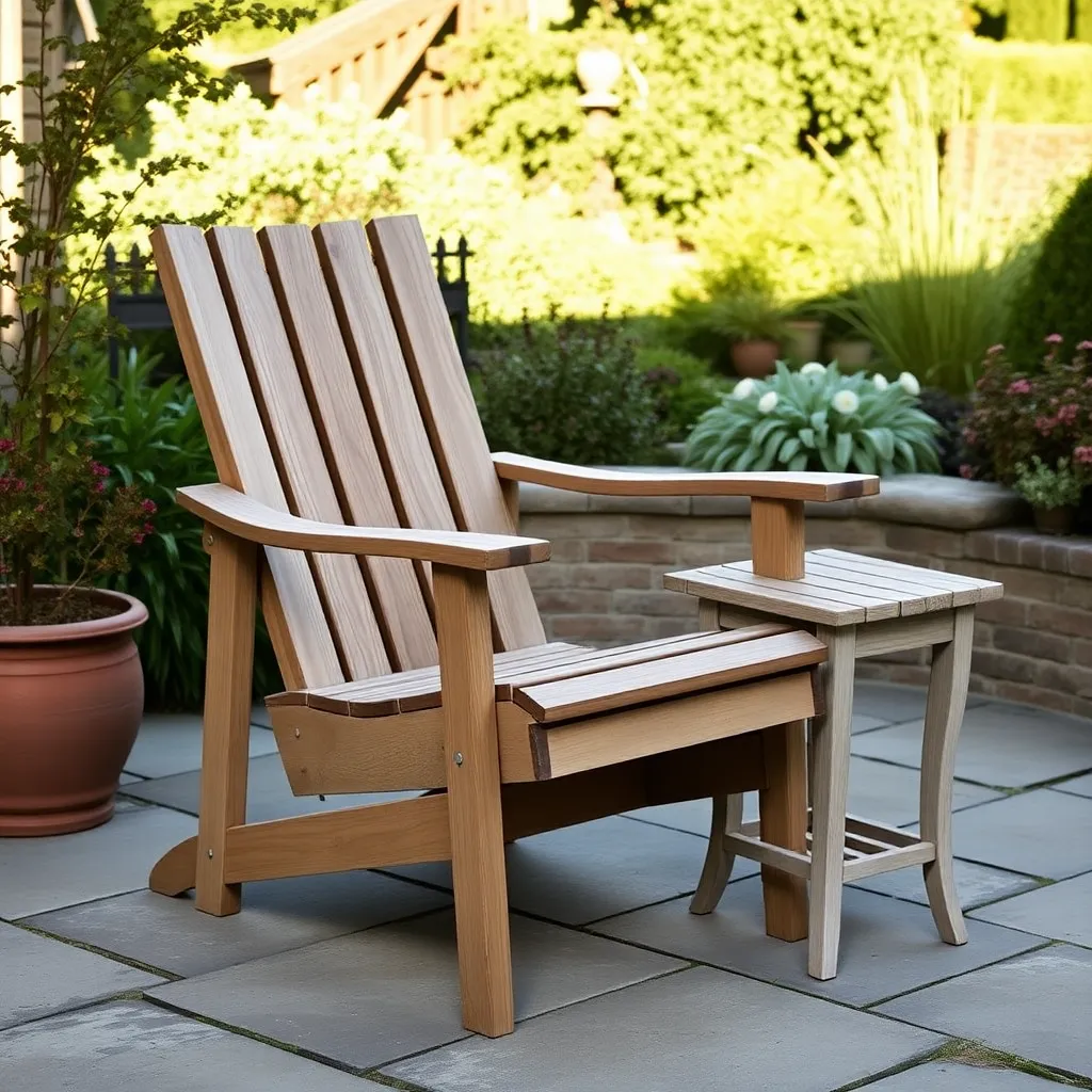 Finished teak Lutyens steamer chair and side table weathered silver-gray on stone terrace garden