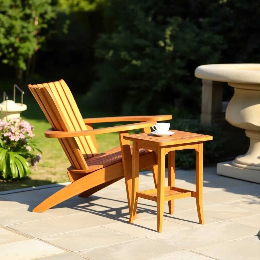 Classic teak Lutyens steamer chair and side table on English garden stone terrace