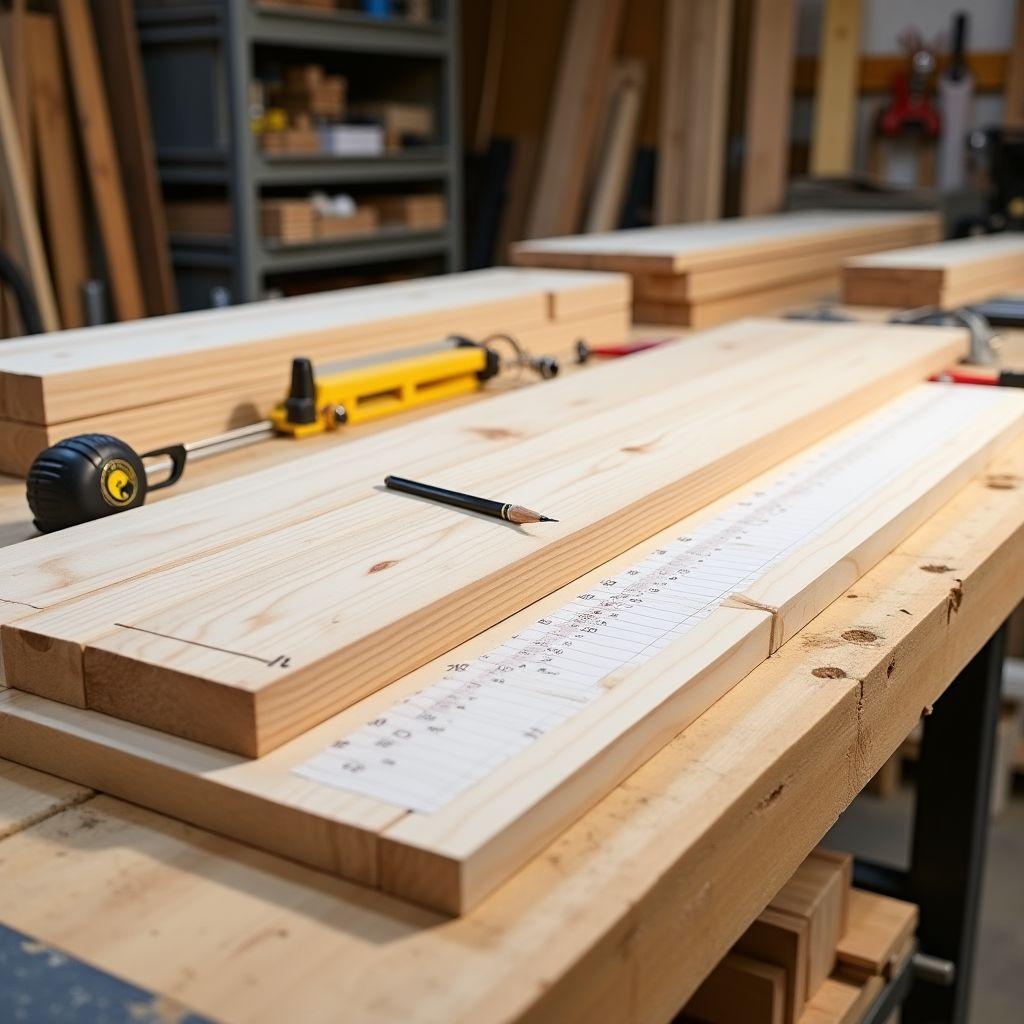 Pine lumber boards and cut list on workshop workbench for DIY toddler floor bed