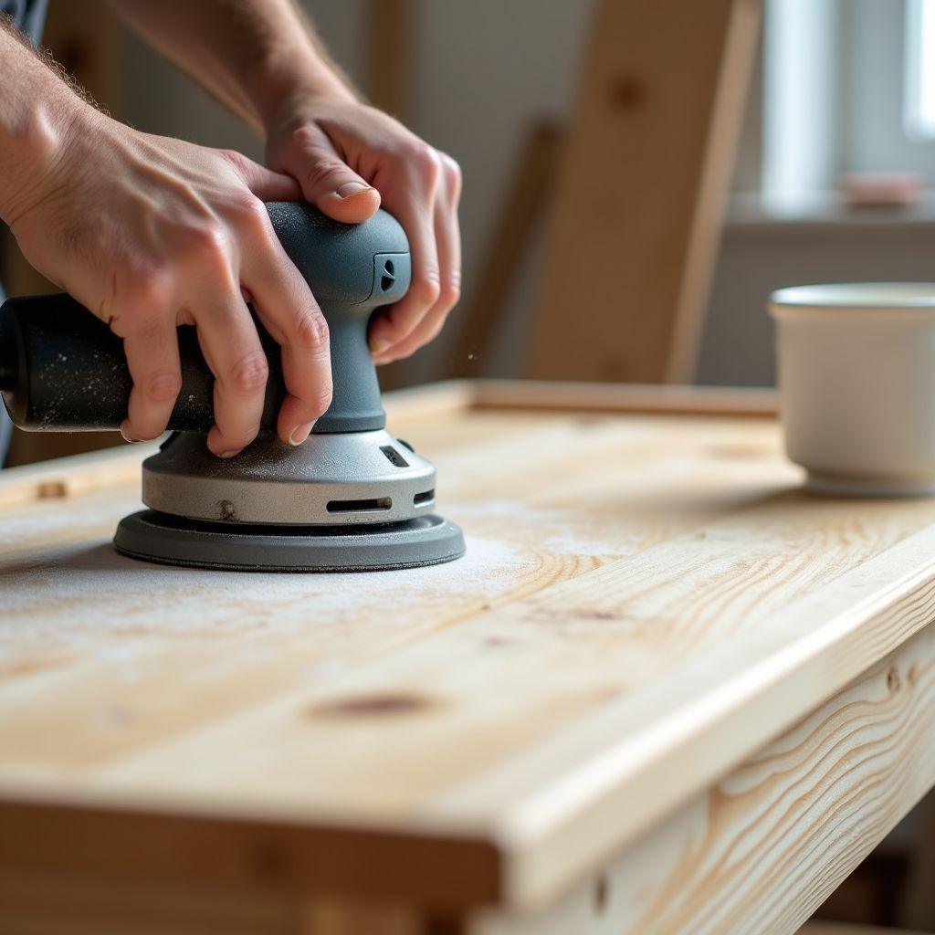 Sanding pine bed frame with orbital sander before applying non-toxic child-safe finish