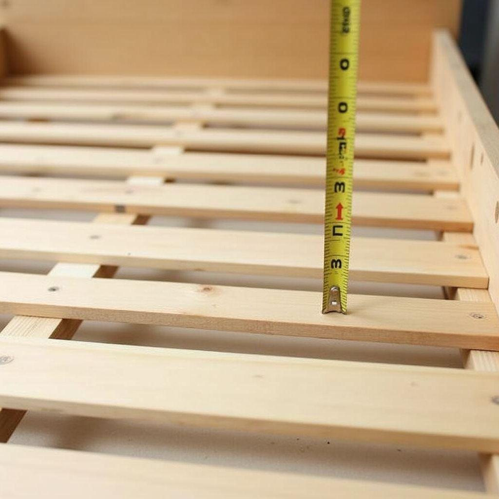 Evenly spaced wood slats on low DIY bed frame with 3.5 inch safety gap measured
