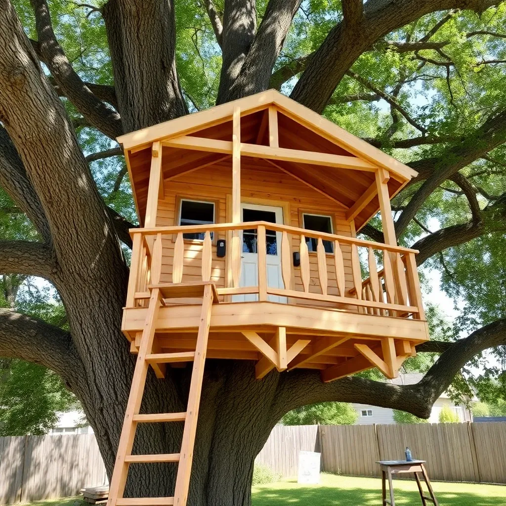 DIY wooden treehouse in oak tree with shed roof and ladder - Step 1: Evaluate the Tree and Plan the Platform Height