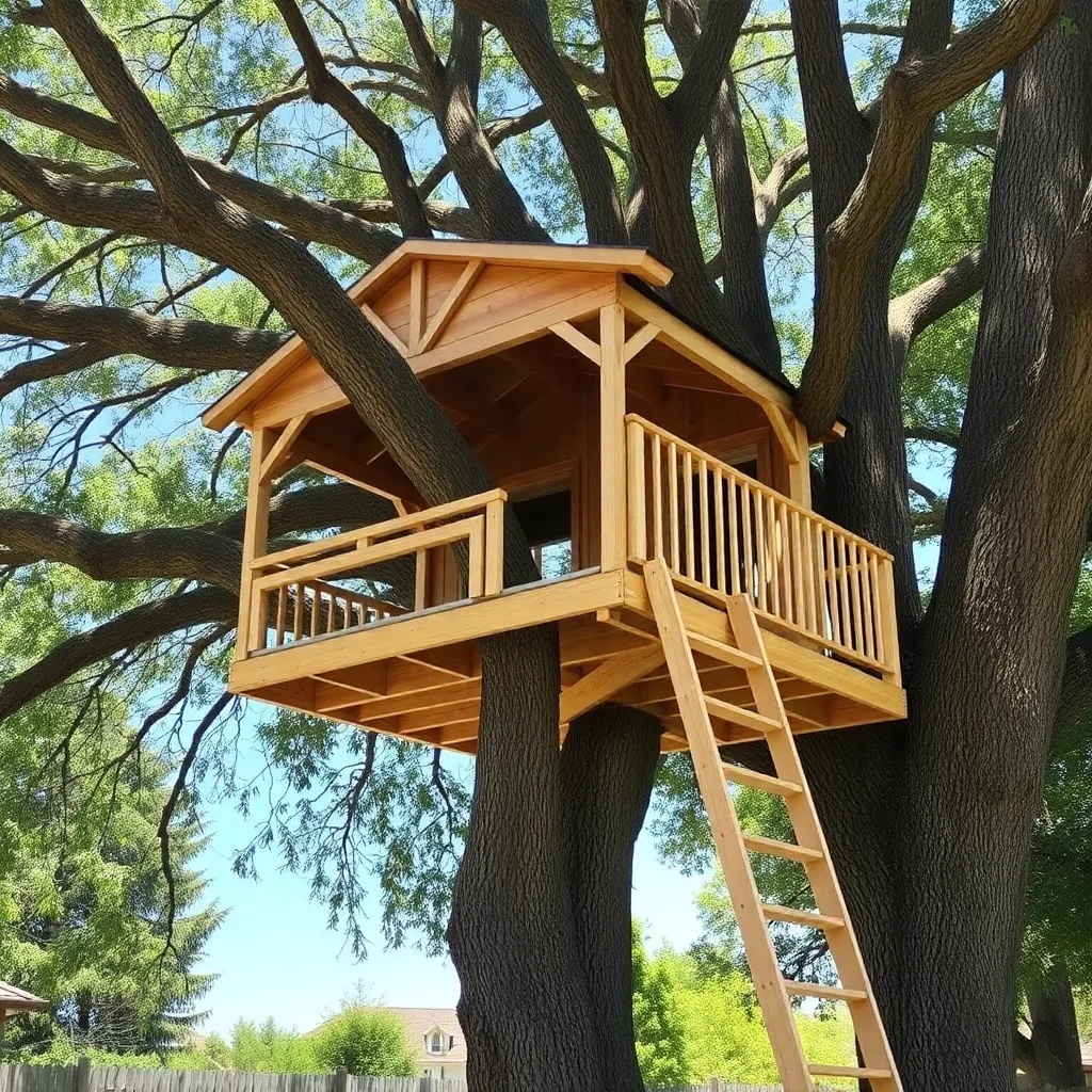 DIY wooden treehouse in oak tree with shed roof and ladder - Step 3: Build the Main Support Beam