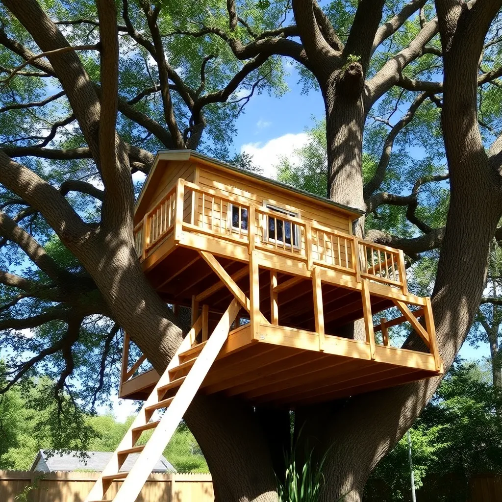 DIY wooden treehouse in oak tree with shed roof and ladder - Step 6: Install the Entry System and Railings