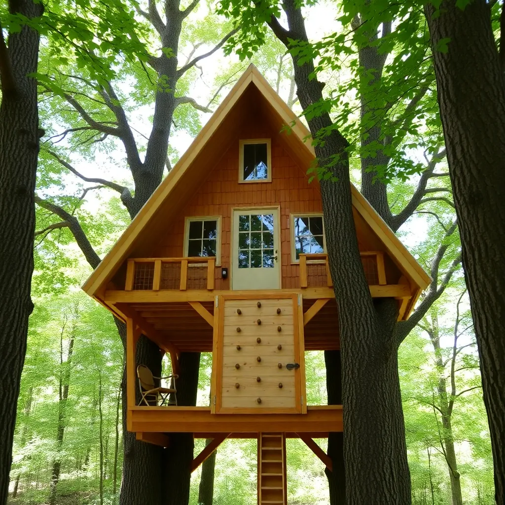 DIY A-frame treehouse between two trees