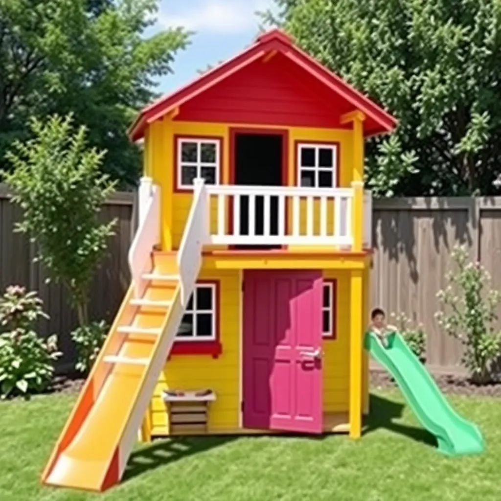 Colorful kids playhouse with loft and slide