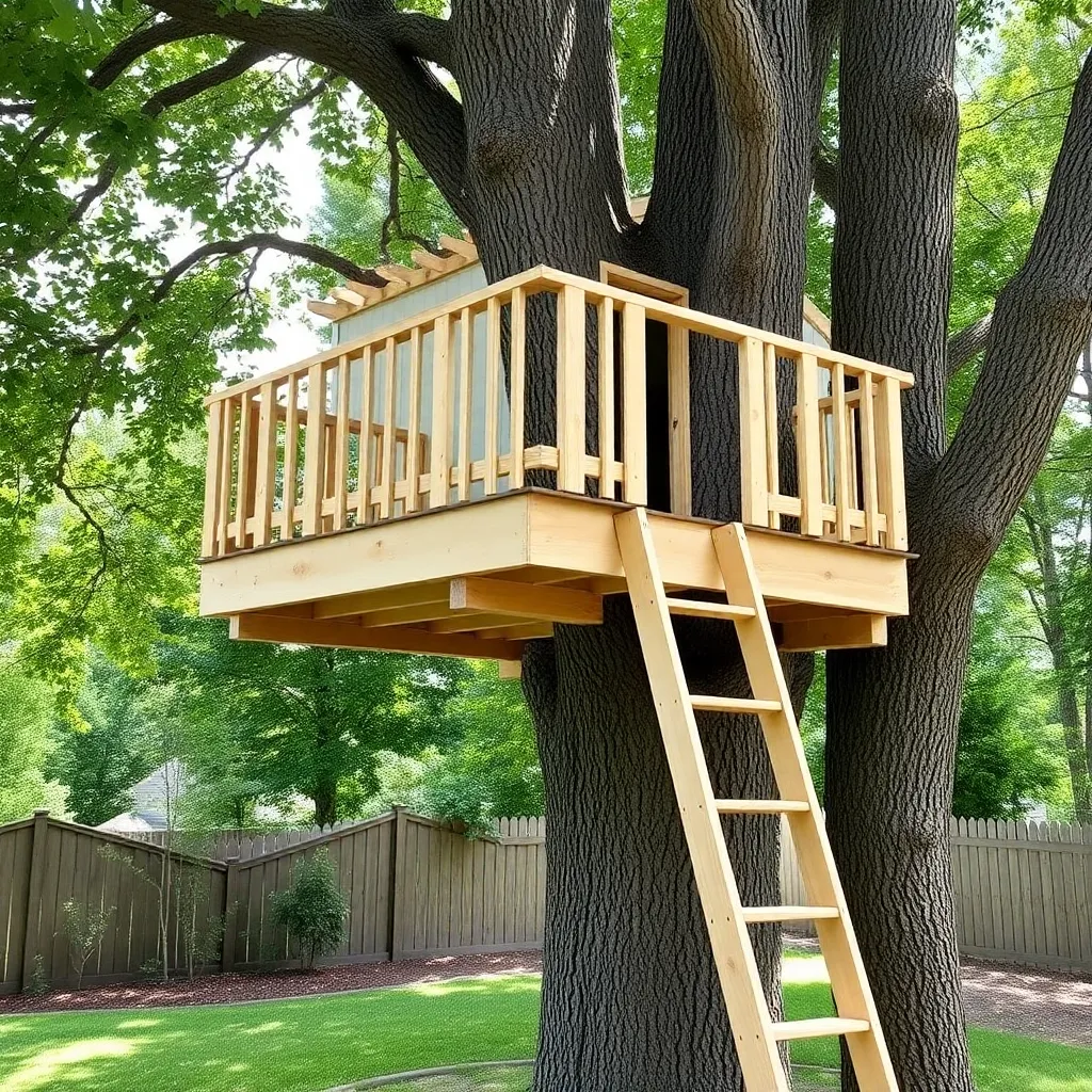 Simple DIY treehouse platform with railing in backyard