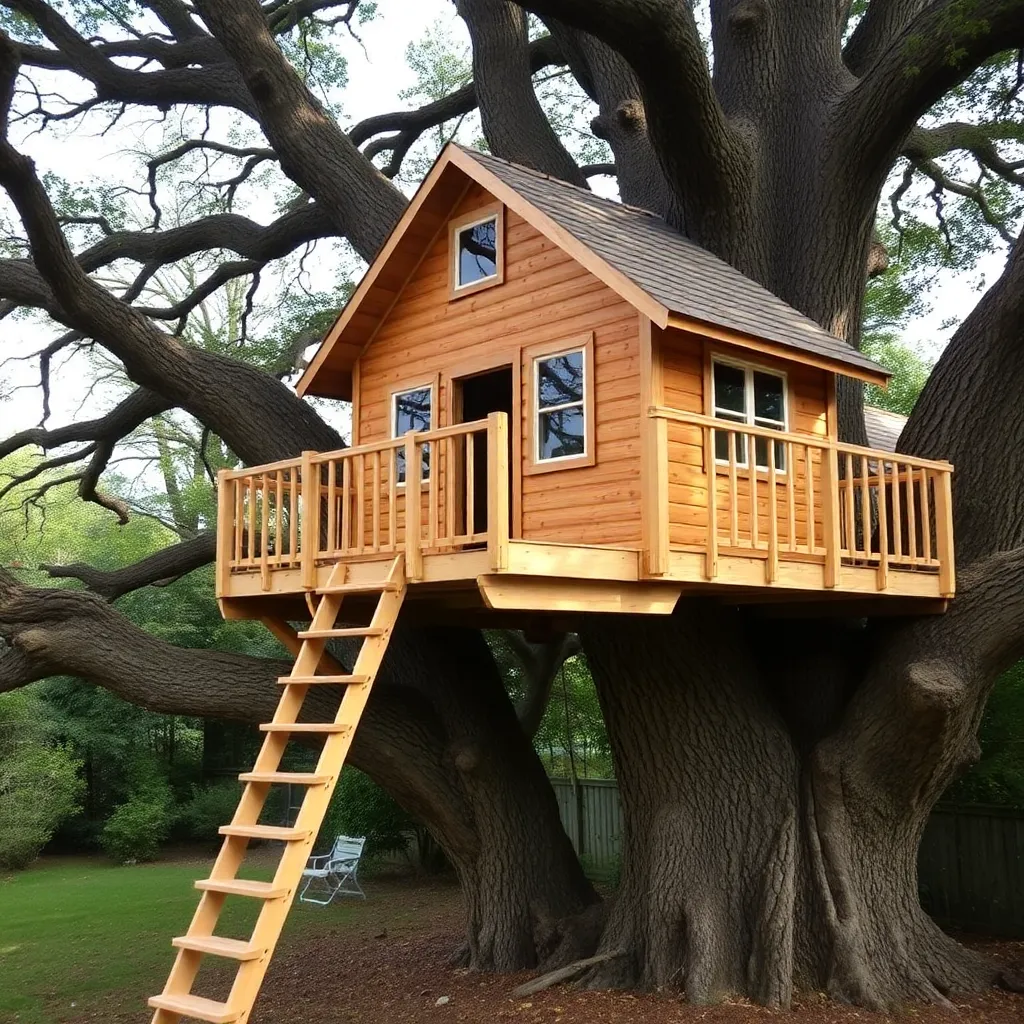 DIY treehouse in oak tree with shed roof