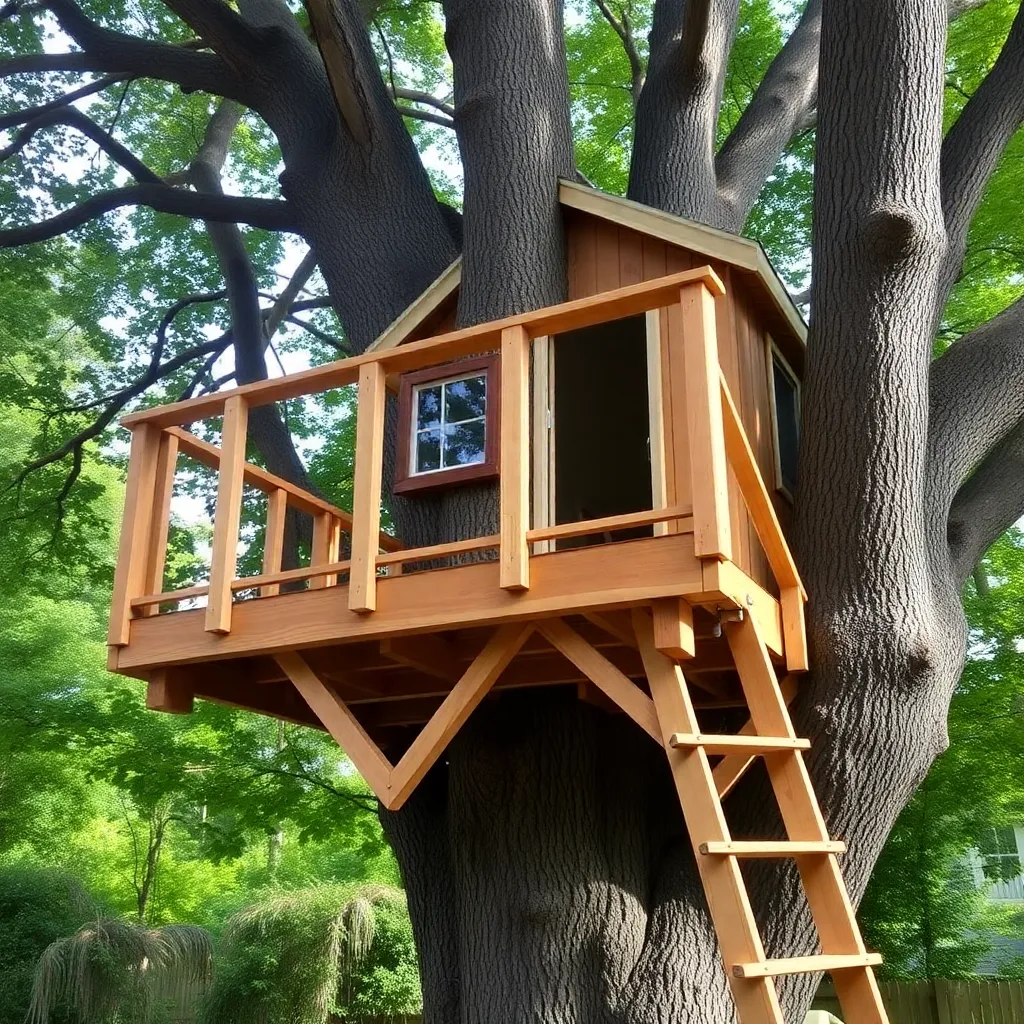 DIY treehouse platform with knee braces and railing