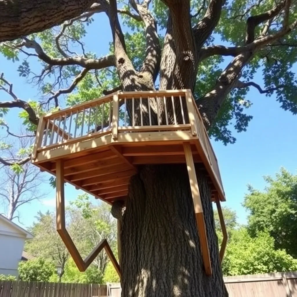 DIY treehouse platform with knee braces and railing in backyard tree - Step 1: Choose the Attachment Method