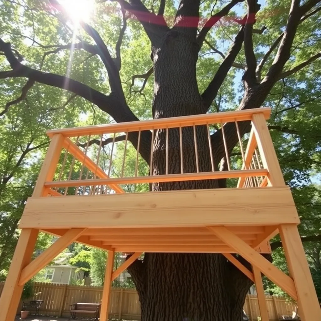 DIY treehouse platform with knee braces and railing in backyard tree - Step 3: Build the 6×8-Foot Platform Frame