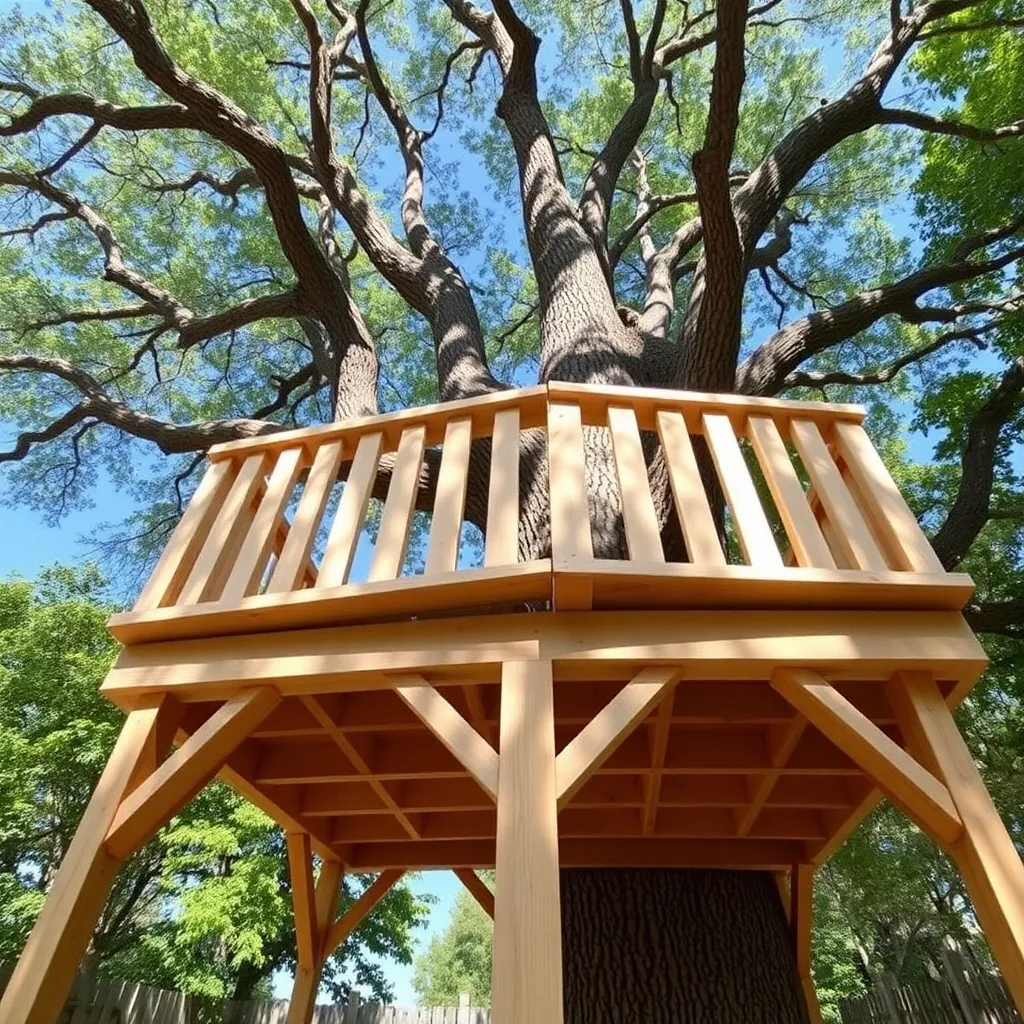DIY treehouse platform with knee braces and railing in backyard tree - Step 4: Install Knee Braces