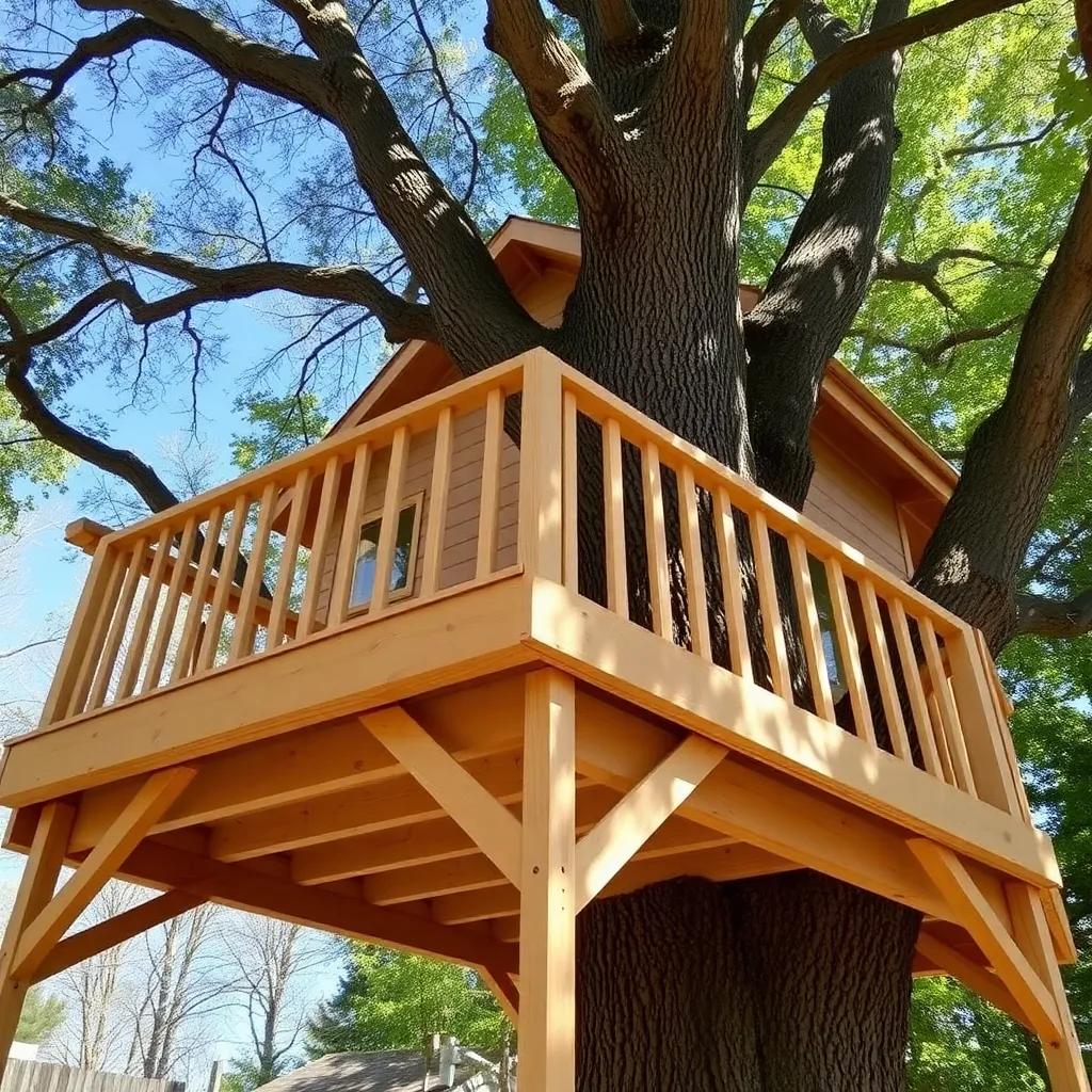 DIY treehouse platform with knee braces and railing in backyard tree - Step 5: Scale Up to the 8×10-Foot Platform