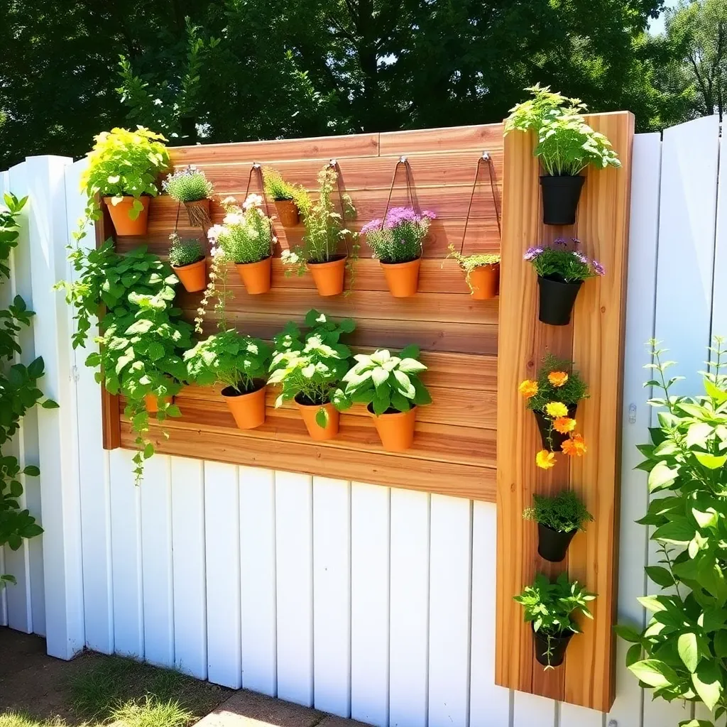 DIY cedar vertical garden wall with herbs and flowers mounted on a backyard fence