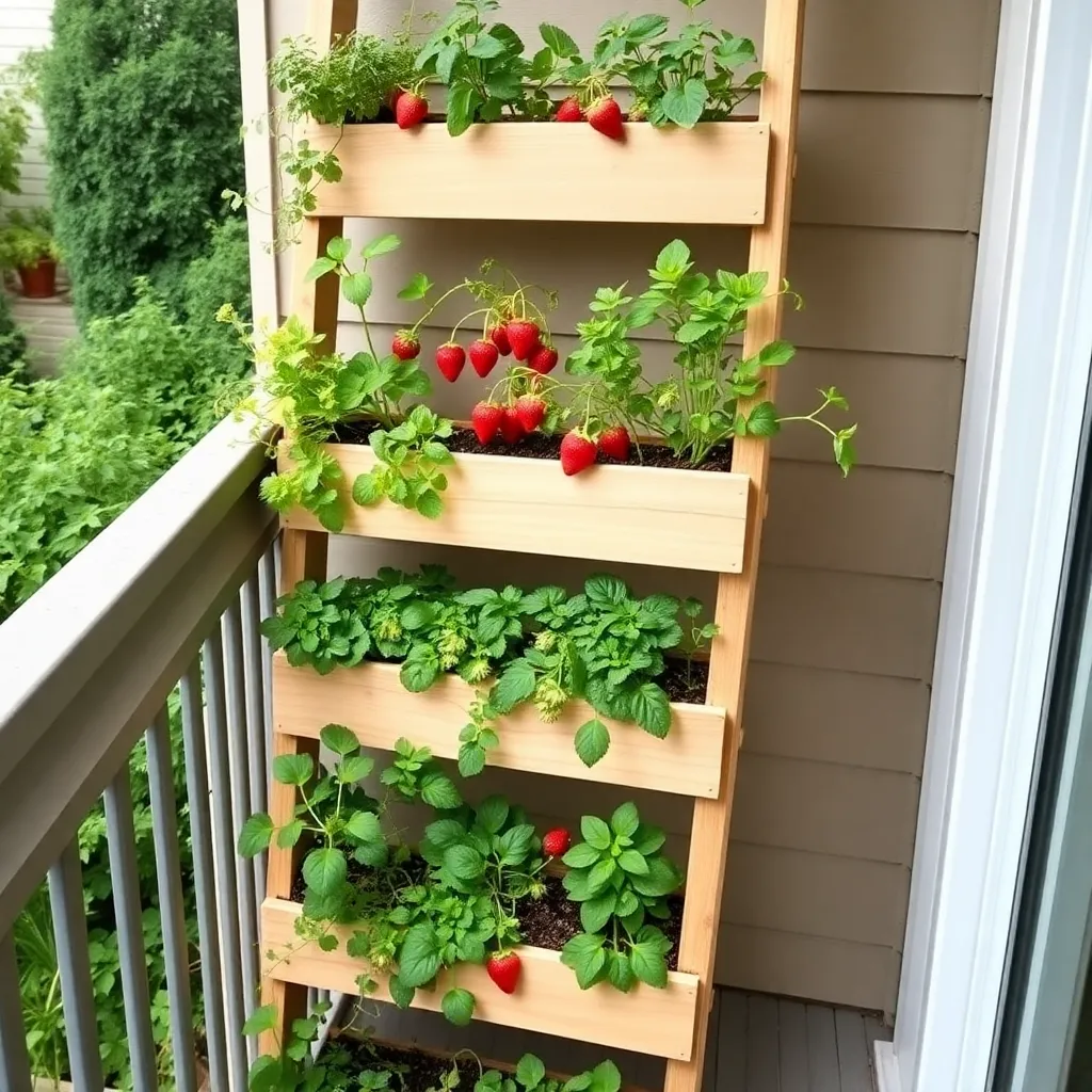 DIY vertical ladder planter with herbs and strawberries on a balcony
