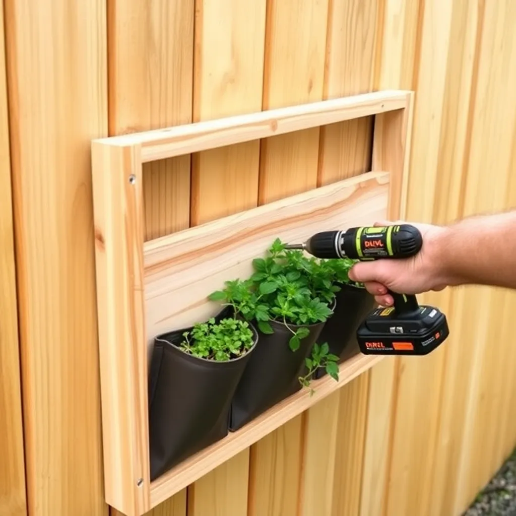 Mounting a cedar vertical planter frame onto a wooden fence with lag screws