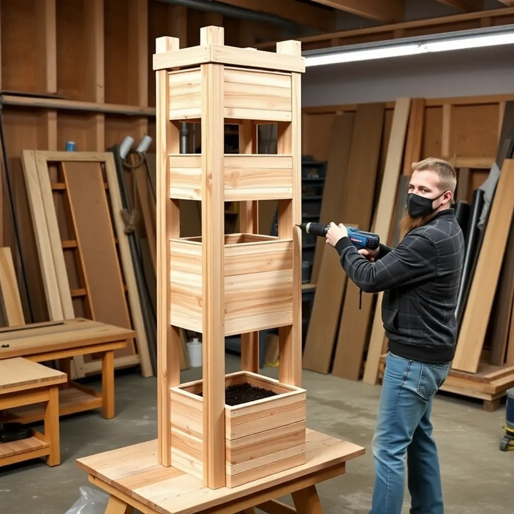Assembling a tall cedar tower vertical planter with stacked planting boxes