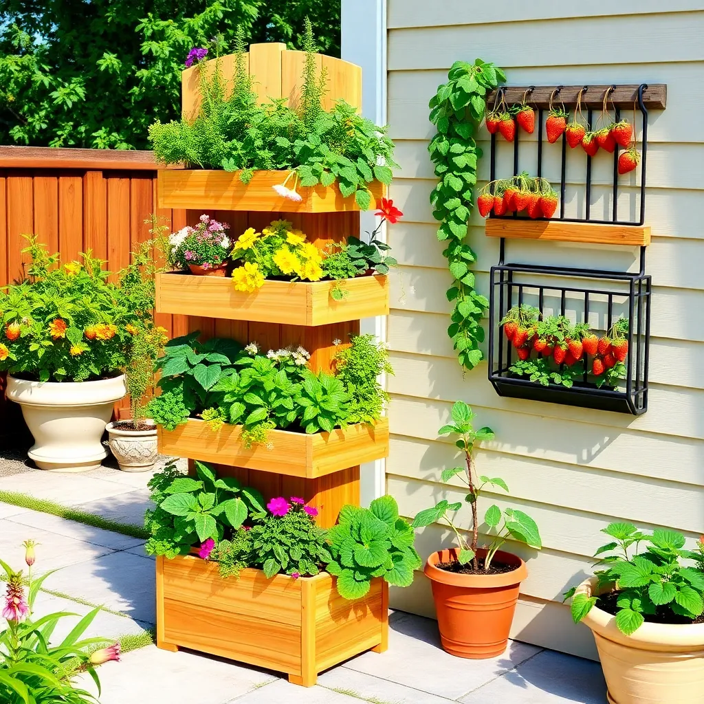 Finished cedar vertical tower planter and pocket frame filled with herbs and flowers on a patio