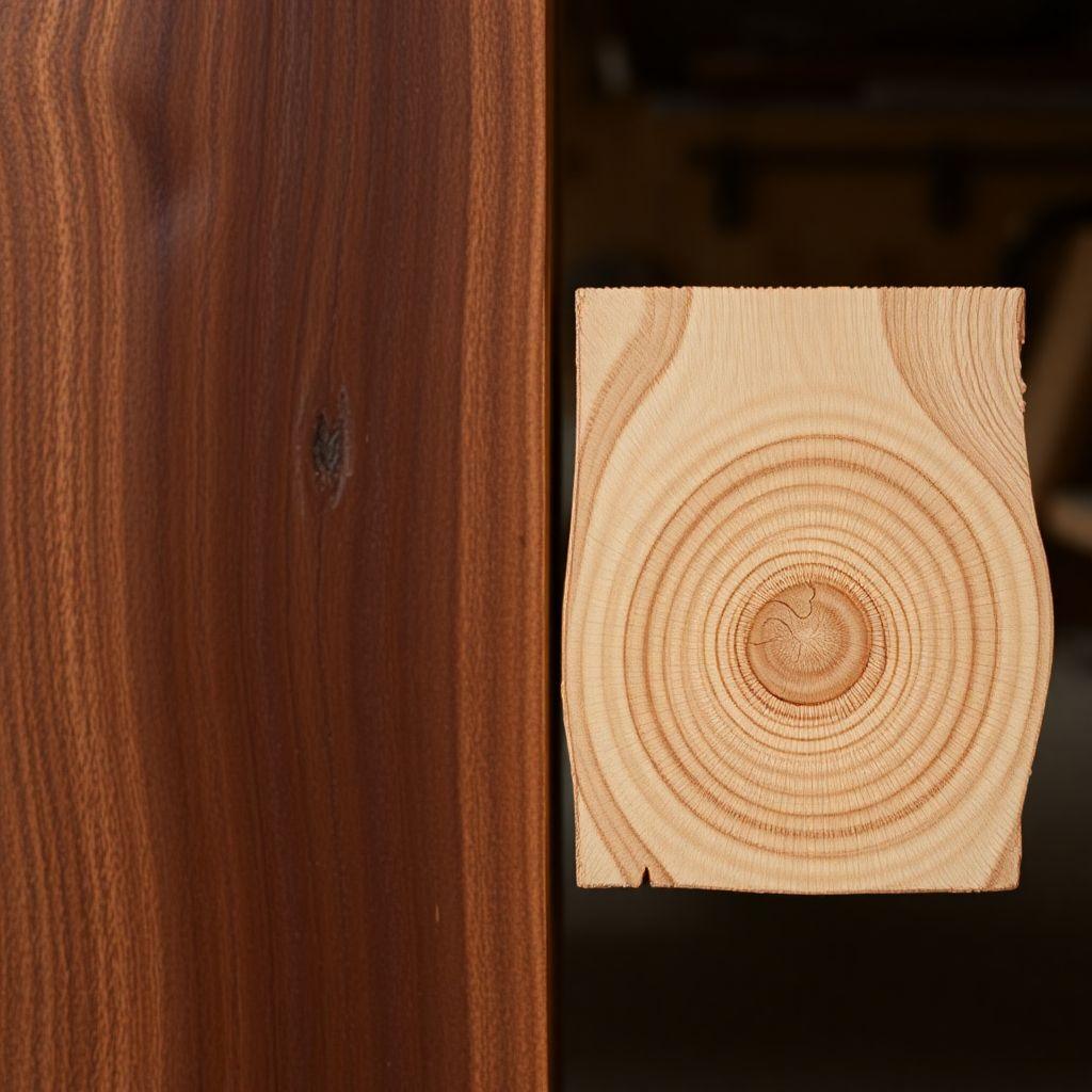 Black walnut versus pine lumber comparison showing T/R shrinkage ratio difference in wood stability