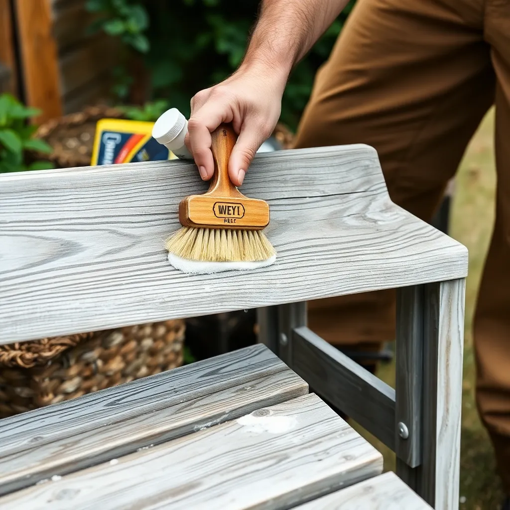Cleaning weathered outdoor wood furniture with wood cleaner before finishing