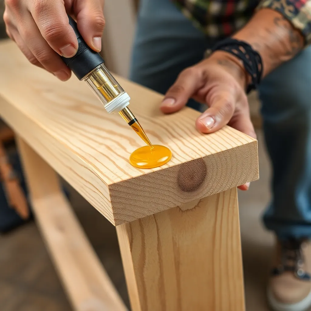 Applying epoxy to seal the end grain of an outdoor bench leg