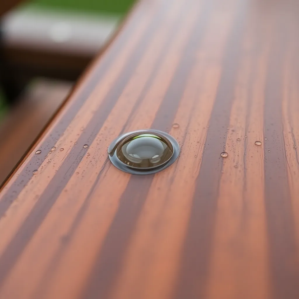 Water beading on a sealed outdoor bench surface showing active weatherproof finish