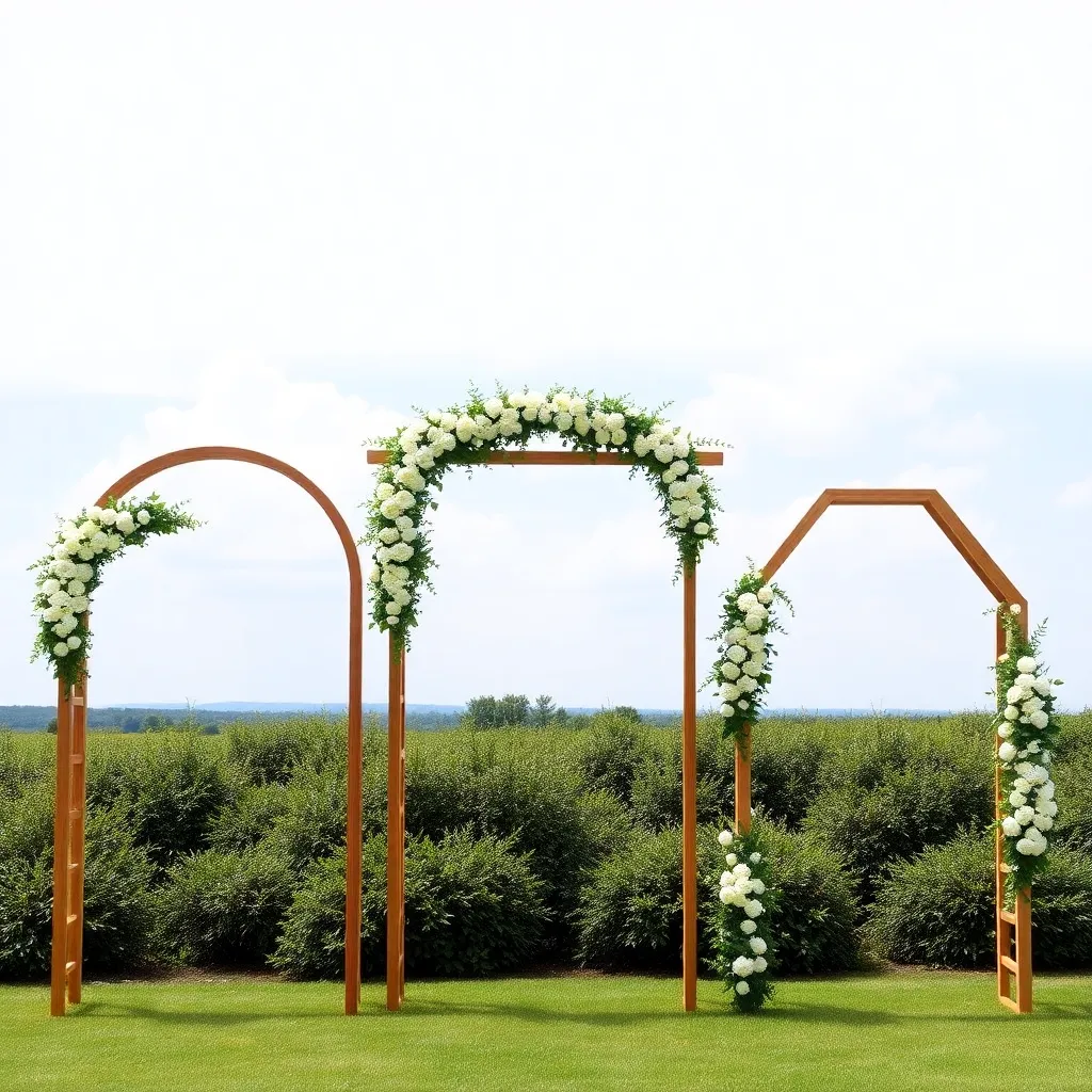 Three wooden wedding arch styles — rounded, rectangular, and hexagonal — decorated with white flowers