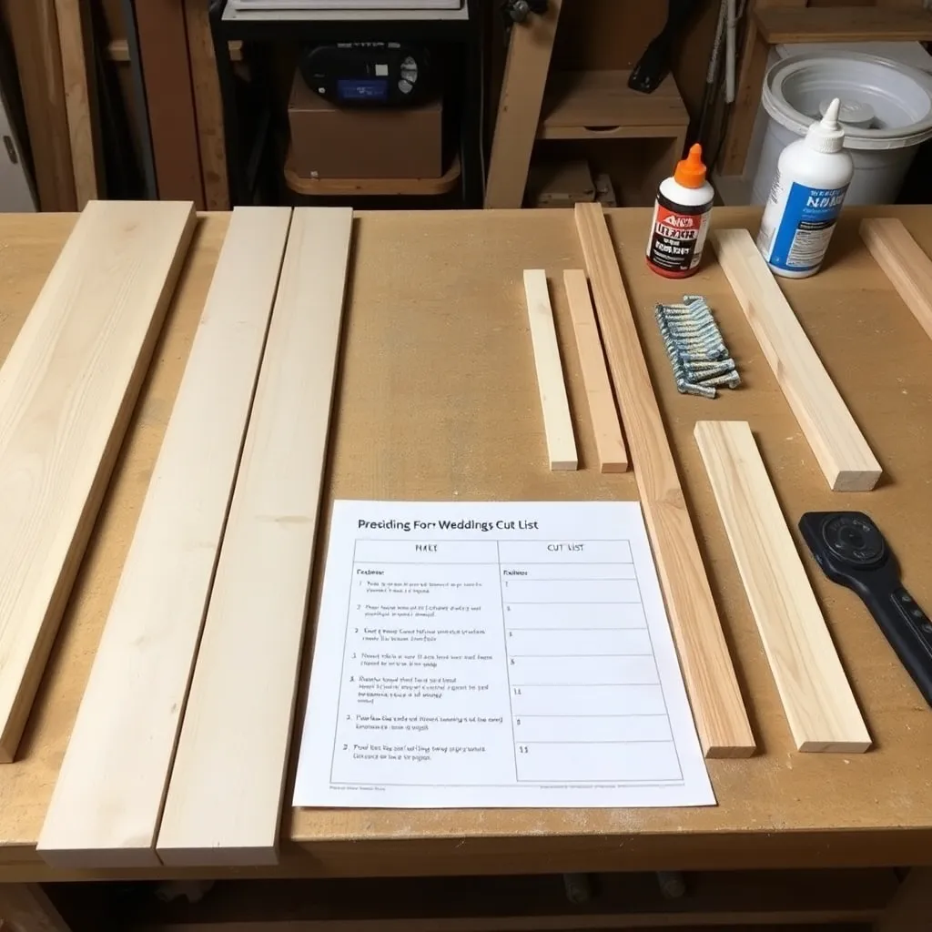 Poplar lumber and materials for building a DIY wooden wedding arch laid out on a workbench
